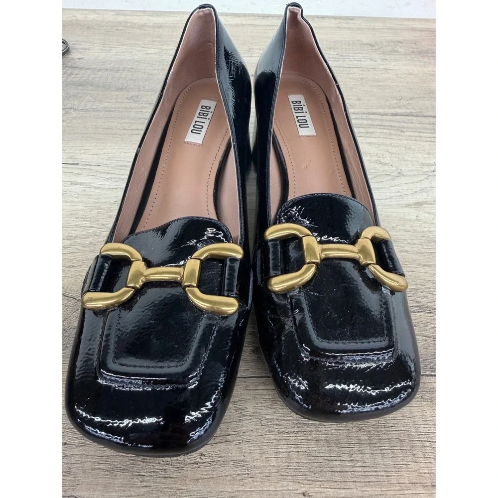 Bibi Lou Black Patent Leather Gold Horsebit Block Heel  Oxford Pump 573Z21AN  39